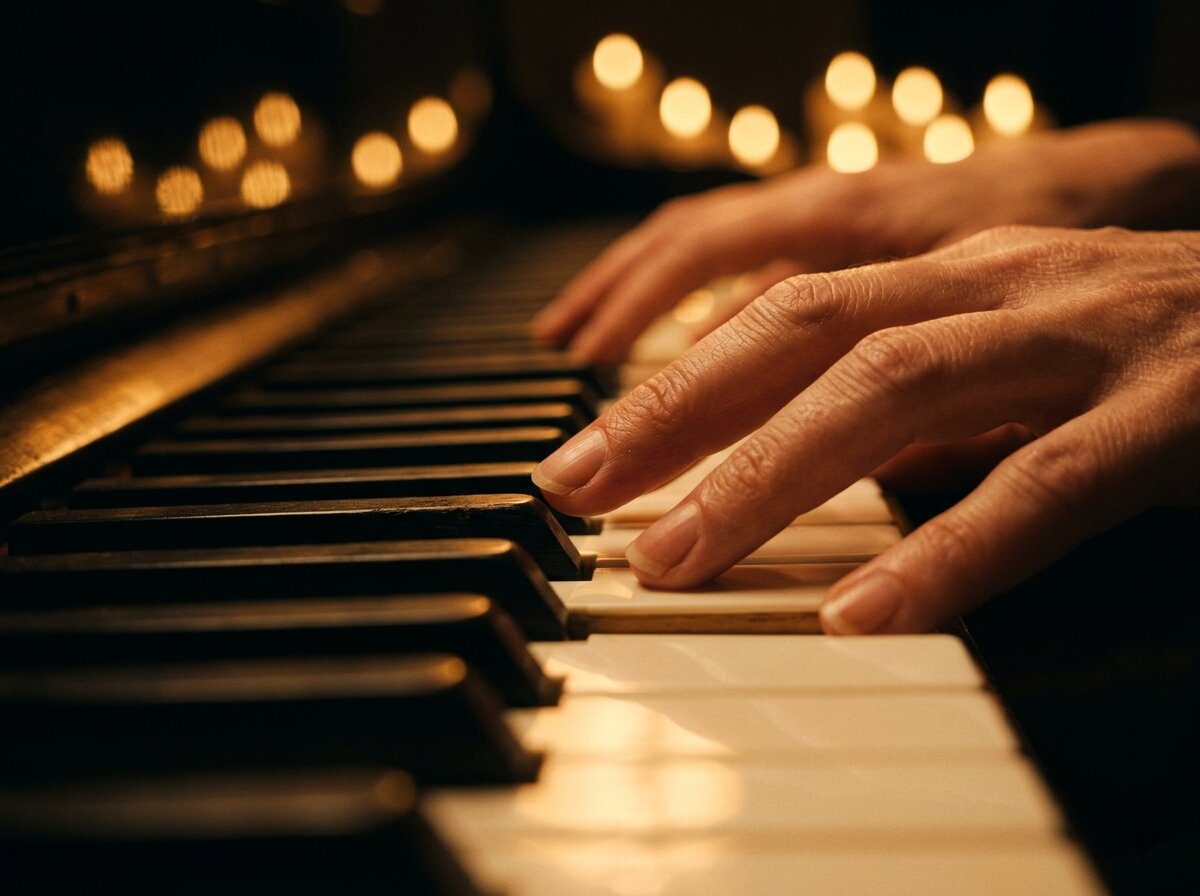 Pianist hands on candlelit piano keys, warm amber tones